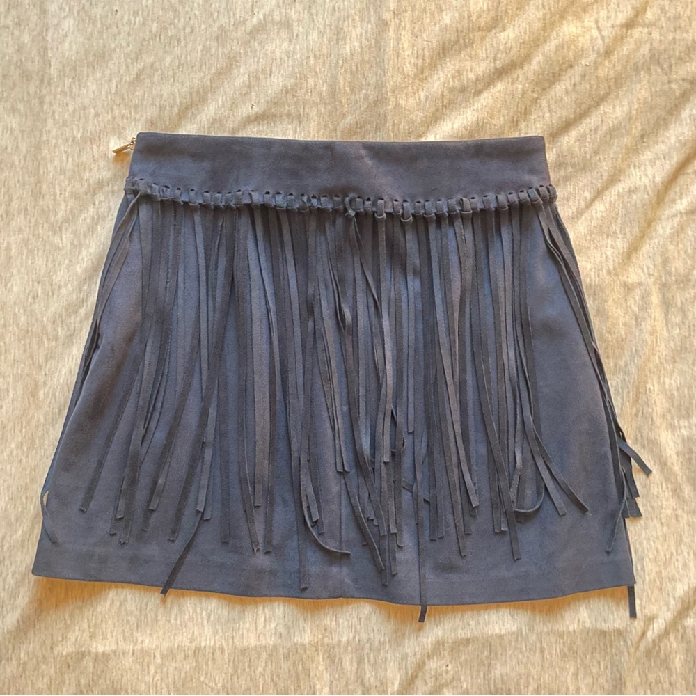 Zara Navy Faux Suede Fringe Mini Skirt